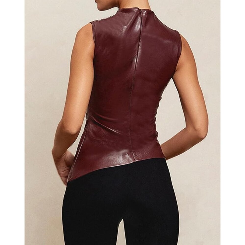 Faux Leather Pleated Sleeveless Asymmetrical Mock Neck Tank Top - Size M, NWT - Picture 2 of 7